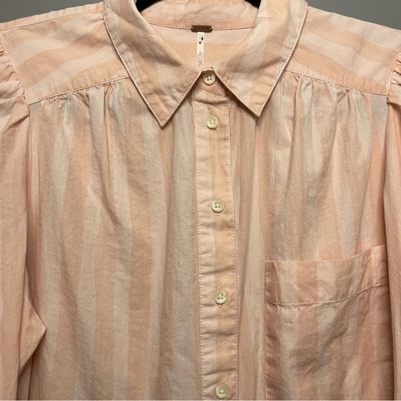 FREE PEOPLE Candy Striper Pink Puff Shoulder Button-Up Shirt Small - Picture 3 of 4